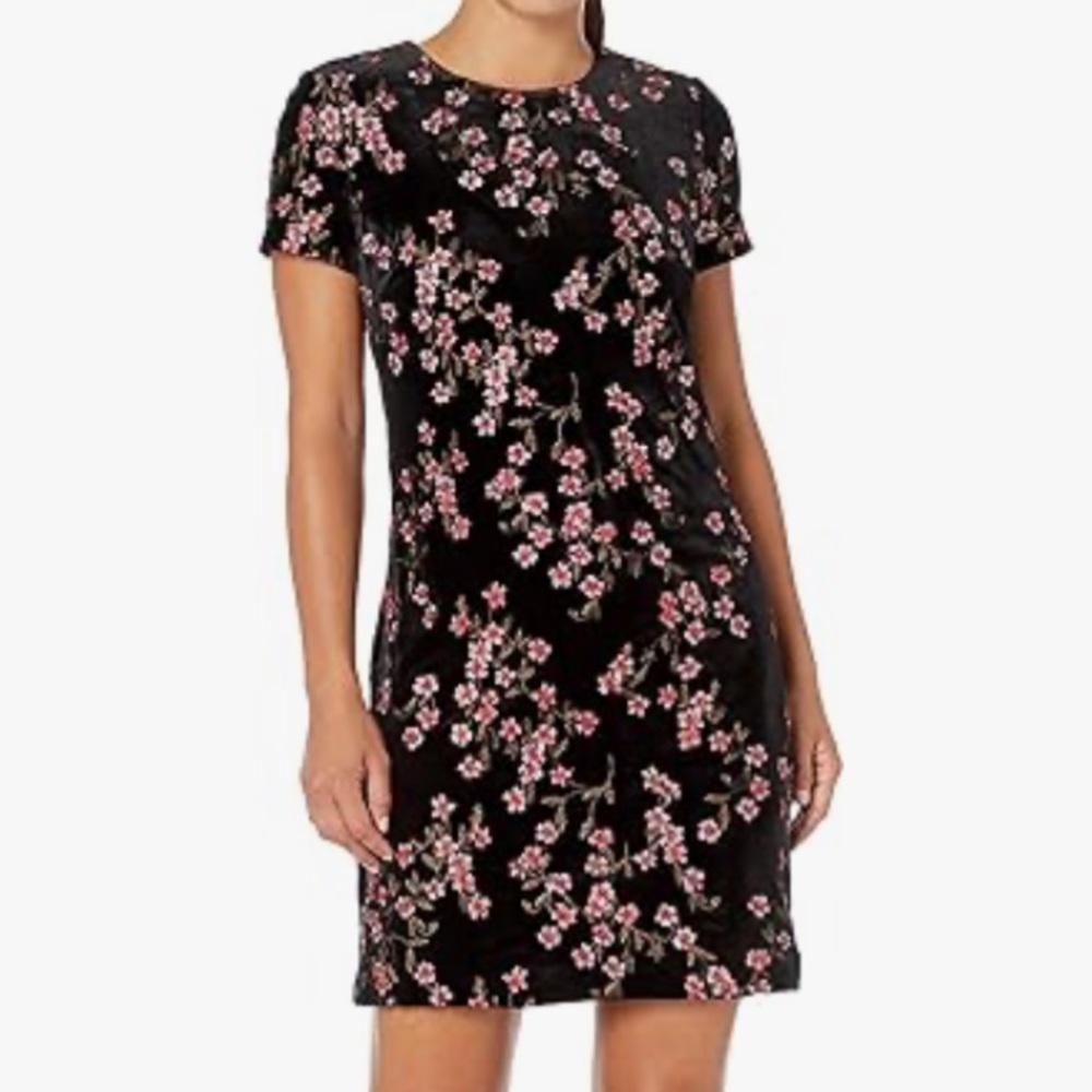 Calvin Klein Short Sleeve Velvet Floral Embroidered Shift Dress